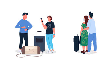 Poster - Airplane passengers flat color vector faceless character set. Corona virus pandemia traveling restrictions. New reality isolated cartoon illustration for web graphic design and animation