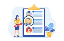 Headhunters Searching For Employee. Woman Worker Of Recruiting Service With Magnifying Glass Looking For Best Candidate Cv, Recruitment Agency. Vector Illustration In Flat Style