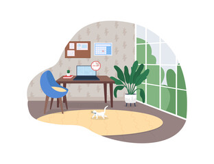 Fototapete - Home office space 2D vector web banner, poster. Remote job. Freelance work break flat scene on cartoon background. Living space with computer on desk printable patch, colorful web element