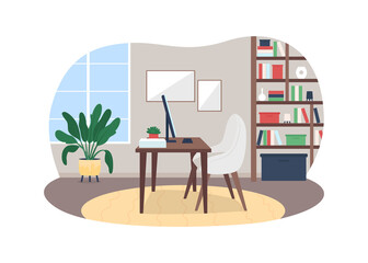 Fototapete - Home work place 2D vector web banner, poster. Desktop computer. Freelancer workspace. Remote office flat scene on cartoon background. Residential space printable patch, colorful web element