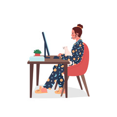 Fototapete - Freelance employee in pajamas flat color vector detailed character. Professional remote worker. Woman in home office isolated cartoon illustration for web graphic design and animation