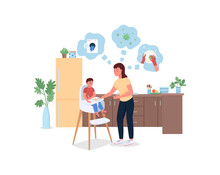 Stressed Mother With Baby In Kitchen Flat Color Vector Detailed Characters. Tired Mom With Toddler In Highchair. House Work Load Isolated Cartoon Illustration For Web Graphic Design And Animation