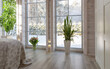 Bright interior of the room in a wooden house with a large window overlooking the winter courtyard. Winter landscape in white window. House plant Sansevieria trifasciata and a bouquet of pink tulips
