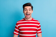 Photo Of Cheerful Impressed Funny Guy Dressed Red Clothes Open Mouth Isolated Blue Color Background