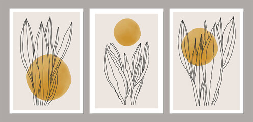 Set of minimalist botanical line art composition with leaves abstract collage