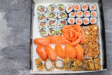 Various rolls Japanese sushi food set 