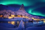 Fototapeta Na ścianę - Amazing wintry landscape of Lofoten. Fantastic Winter seascape during sunset. majestic mountains with northern lights. picturesque nature scenery. creative image. Nature background. Traveling concept