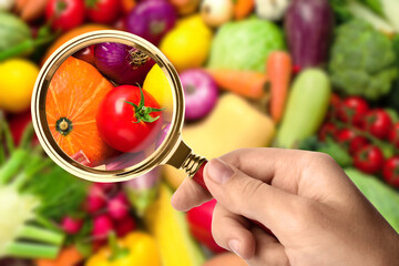 Wall Mural - woman with magnifying glass exploring vegetables, closeup. poison detection