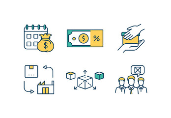 Wall Mural - Product management RGB color icons set. Monthly financial report. Sales revenue. Delivery goods to customers. Production plant. Marketing team. Product designing. Isolated vector illustrations