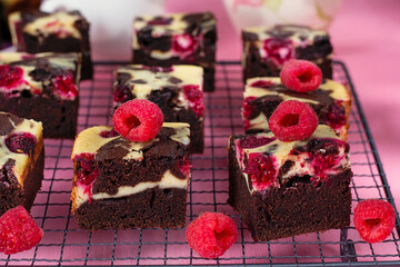 Wall Mural - Chocolate brownie with cream cheese and raspberries