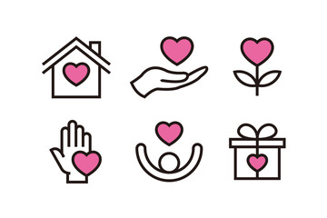 Poster - Set of Simple Charity Icon Illustration Design, Charity Symbol Collection With Outlined Style and Love Shape Template Vector