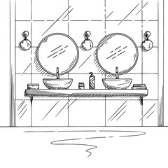 Bathroom sketch. Two washbasins, two round mirrors and other design elements. Vector