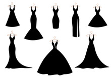 A Set Of Silhouettes Of Classic, Wedding And Cocktail Dresses On A Hanger In Black On White. Isolated Set For Advertising, Flyer, Card.