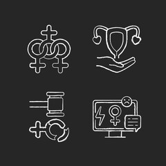 Poster - Feminism chalk white icons set on black background. Media sexism. Protection women rights. Gender equality. Expansion of the rights of women.Isolated vector chalkboard illustrations