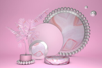 Poster - 3D bright pink marble pedestal podium steps with palm tree for brand promotion product. Creative bright background for advertising presentation. Stand base mockup. Spring summer colors