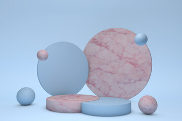 Poster - 3D pastel blue and pink marble pedestal podium steps for brand promotion product. Creative background for advertising presentation. Stand base mockup. Pastel colors