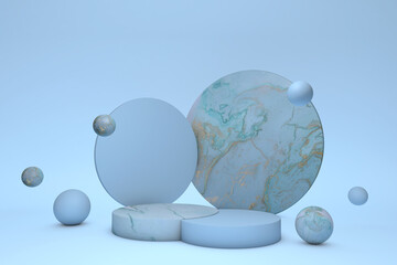 Poster - 3D blue marble pedestal podium steps for brand promotion product. Creative background for advertising presentation. Stand base mockup. Pastel colors