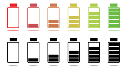 Colorful and black battery icon set from empty to full battery. The battery icon collection is isolated on white. 