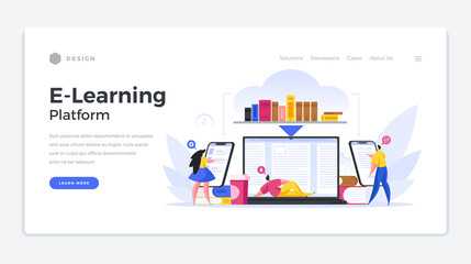 Poster - Online training platform landing page template. Male and female characters read and listen to elearning applications.