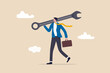 © Nuthawut - Fix business problem, help resolve problem, improve business in downturn or crisis management concept, smart businessman carrying big wrench metaphor of fixing problem.
