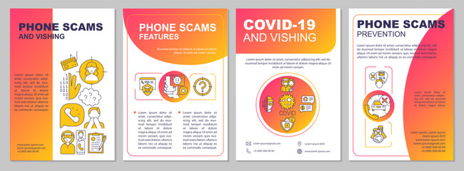 Phone scam and vishing brochure template. Theft of private information. Flyer, booklet, leaflet print, cover design with linear icons. Vector layouts for magazines, annual reports, advertising posters
