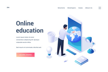 Poster - Male character using mobile phone for online education