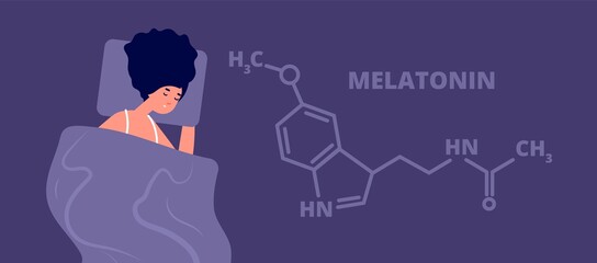 Poster - Melatonin hormone. Structure hormones sleep, flat person sleeping in dark. Science education banner, insomnia and health dream utter vector concept. Illustration structure melatonin, science hormone