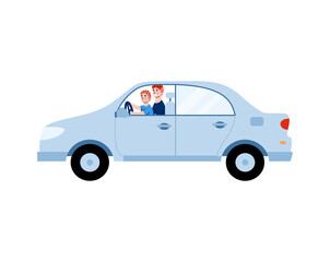 Car with father teaching his boy child to drive, cartoon vector illustration isolated on white background. Fathers driving lesson to son scene of family bonding activity.