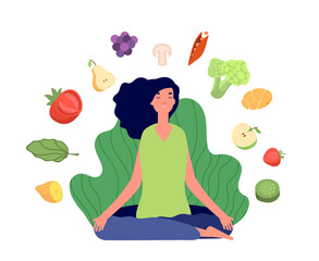 Vegetarian female character. Young woman meditation, eco products or healthy food. Green vegan lifestyle, vegetables and fruits utter vector concept. Illustration woman and vegetable, fruit