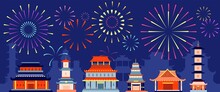Japanese Festival Firework. Japan Festive Fireworks, Asian Summer Party Event. Traditional Chinese Buildings, Town Landscape Vector Background. Illustration Festival Japanese, Celebration Firework