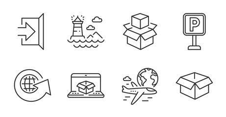 Poster - online delivery, world globe and exit line icons set. international flight, packing boxes and lighth