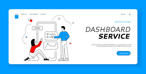 Poster - Modern colleagues analyzing data in smartphone app. Banner template