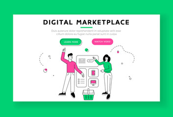 Poster - Couple buying electronics in online shop together. Digital marketplace banner template