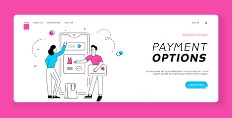 Poster - Modern couple choosing and buying clothes online. Banner template