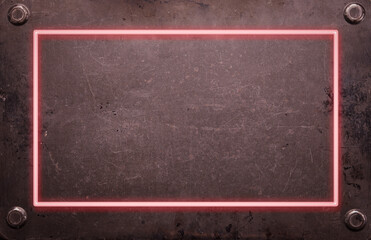 Poster - red glowing neon frame on rusty metal sheet background