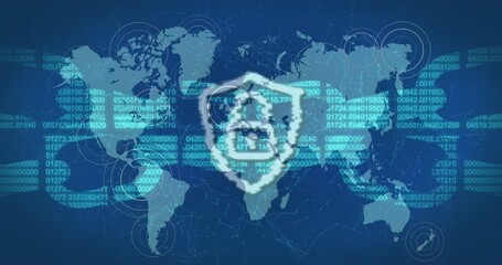Poster - Cyber security padlock and chain against pulsating circles over world map on blue background