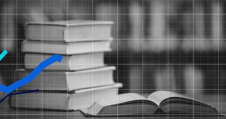 Poster - Multiple blue graphs moving over grid network against stack of books