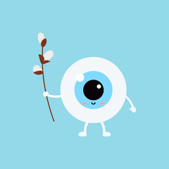 Sticker - Easter cute eye ball with willow in hand icon. Ophthalmology easter eyeball character with pussy-willow branch. Flat design cartoon style vector vision clip art illustration.