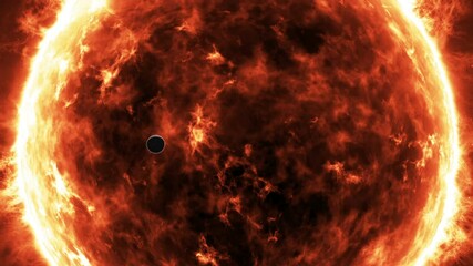 Wall Mural - planet mercury slowly passing in front of rotating solar star. magnetic storm, burning solar surface