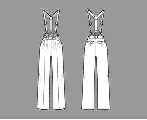 Suspender Pants Dungarees technical fashion illustration with full length, normal waist, high rise, pockets. Flat apparel garment bottom front back, white color style. Women, men unisex CAD mockup