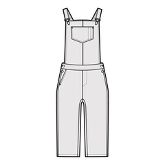 Wall Mural - Dungarees Denim overall jumpsuit technical fashion illustration with knee length, normal waist, high rise, pockets, Rivets. Flat garment front, white, grey color style. Women, men unisex CAD mockup