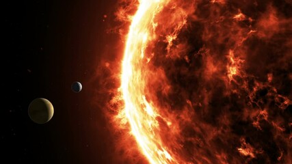 Wall Mural - planet venus and mercury slowly revolve around incendiary rotating solar star. magnetic storm, burni