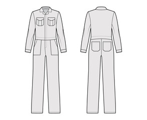 Sticker - Workers jumpsuit overall technical fashion illustration with full length, normal waist, flap square pockets, hide placket closure. Flat front back, grey color style. Women, men unisex CAD mockup