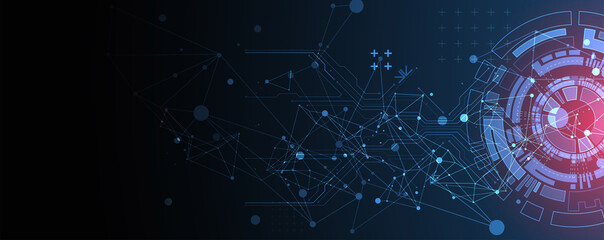 Abstract background with plexus effect. Scientific and technological concept with the use of technical elements formed in the shape of a circle.