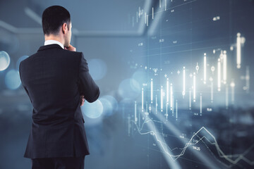 Aufkleber - Analytics and analyzing concept with businessman looking at digital screen with glowing statistic indicators and graphs