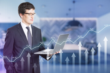 Poster - Checking stock market situation businessman with laptop and glowing diagram and arrows up