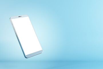 Poster - White empty modern cell phone monitor with copyspace for your logo at blue background. Mockup