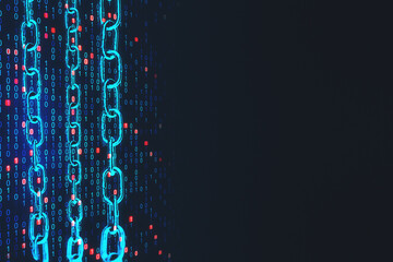 Leinwandbilder - E-commerce and blockchain business concept with glowing blue chain and digital coding numbers on abstract dark background
