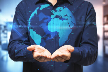 Aufkleber - Worldwide social network concept with man hands and hologram Earth palanet and citylights around