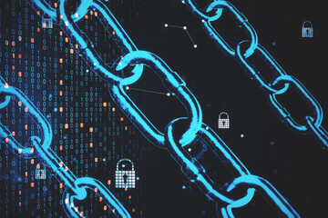 Leinwandbilder - Innovative e-commerce blockchain concept with digital chain on dark background with binary code numbers and locks